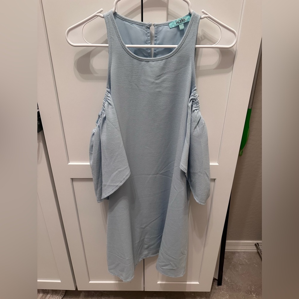 Karlie clothes high neck baby blue off shoulder dress